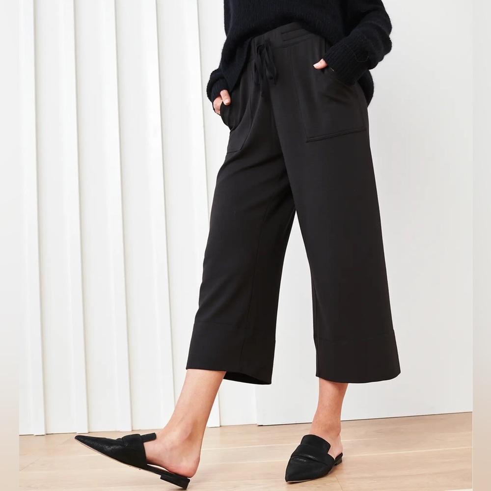 Quince Black Cropped Wide-Leg Drawstring Pants
